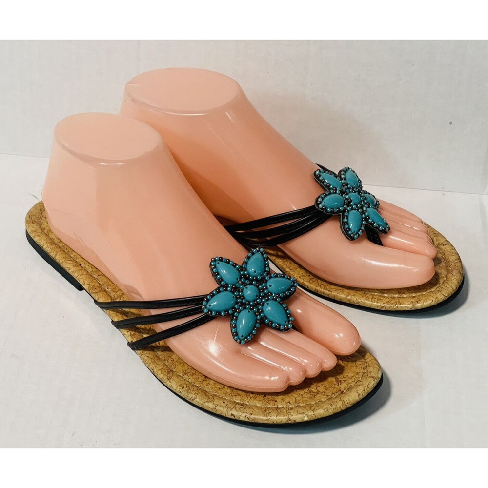 Turquoise Beaded Flower Thong Sandals Flat Flop Slip On Size 8 M